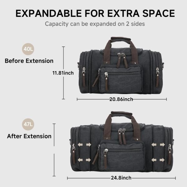 Canvas Expandable Duffle Bag for Men Traveling, Luggage Travel Bag Weekender Overnight Bag,Mens Gym Carry on Duffel Bags（Dark Grey） - Image 7
