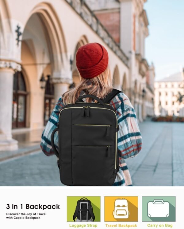 Capolo Travel Backpack for Women Men Waterproof Laptop Backpack Airlines Approved Carry On Backpack Bag Computer Bookbag for Business, Work, Traveling Fits 15.6 Inch Laptop(Black) - Image 2