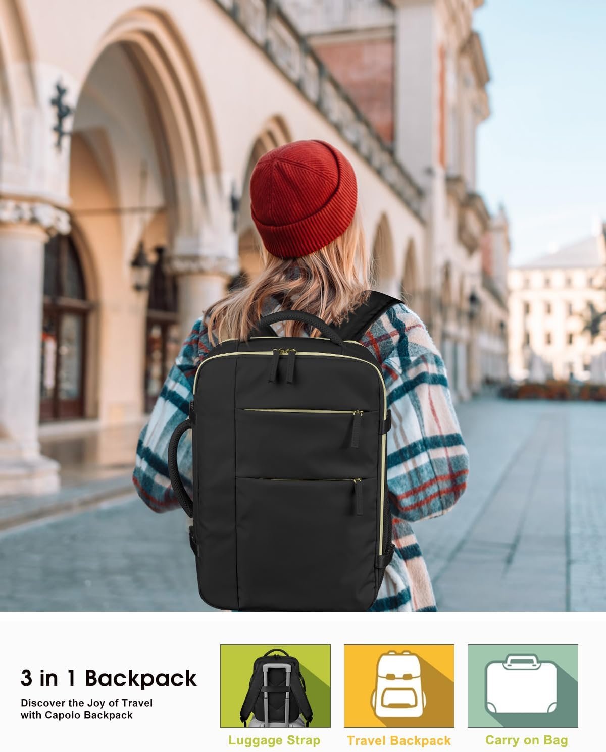 Capolo Travel Backpack for Women Men Waterproof Laptop Backpack Airlines Approved Carry On Backpack Bag Computer Bookbag for Business, Work, Traveling Fits 15.6 Inch Laptop(Black) - Image 2