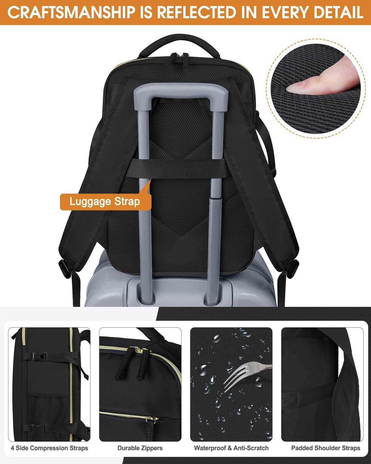 Capolo Travel Backpack for Women Men Waterproof Laptop Backpack Airlines Approved Carry On Backpack Bag Computer Bookbag for Business, Work, Traveling Fits 15.6 Inch Laptop(Black) - Image 5
