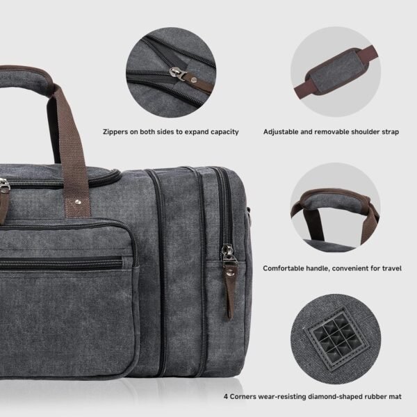 Canvas Expandable Duffle Bag for Men Traveling, Luggage Travel Bag Weekender Overnight Bag,Mens Gym Carry on Duffel Bags（Dark Grey） - Image 6