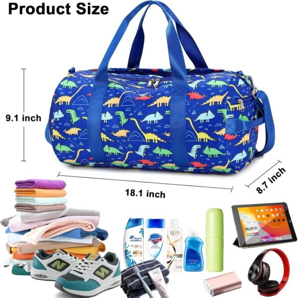 CAMTOP Kids Duffel Overnight Bag Boys Girls Weekender Carry-On Personalized Tote for Travel Gym Sport (Dinosaur-Dark Blue) 18.1"L* 9.1" H* 8.7"W - Image 8