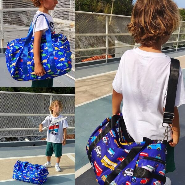 CAMTOP Kids Duffel Overnight Bag Boys Girls Weekender Carry-On Personalized Tote for Travel Gym Sport (Dinosaur-Dark Blue) 18.1"L* 9.1" H* 8.7"W - Image 2